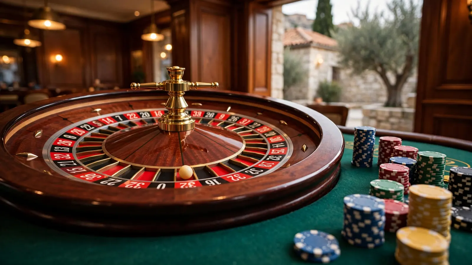 Klasični kotač ruleta na zelenom stolu s žetonima