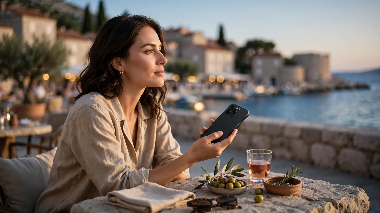 Osoba drži iPhone na terasi uz more u Hrvatskoj