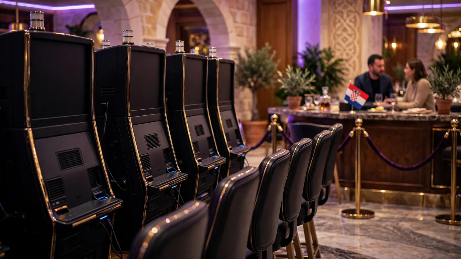 Elegantno hrvatsko casino okruženje s automatima u zlatnom i ljubičastom osvjetljenju