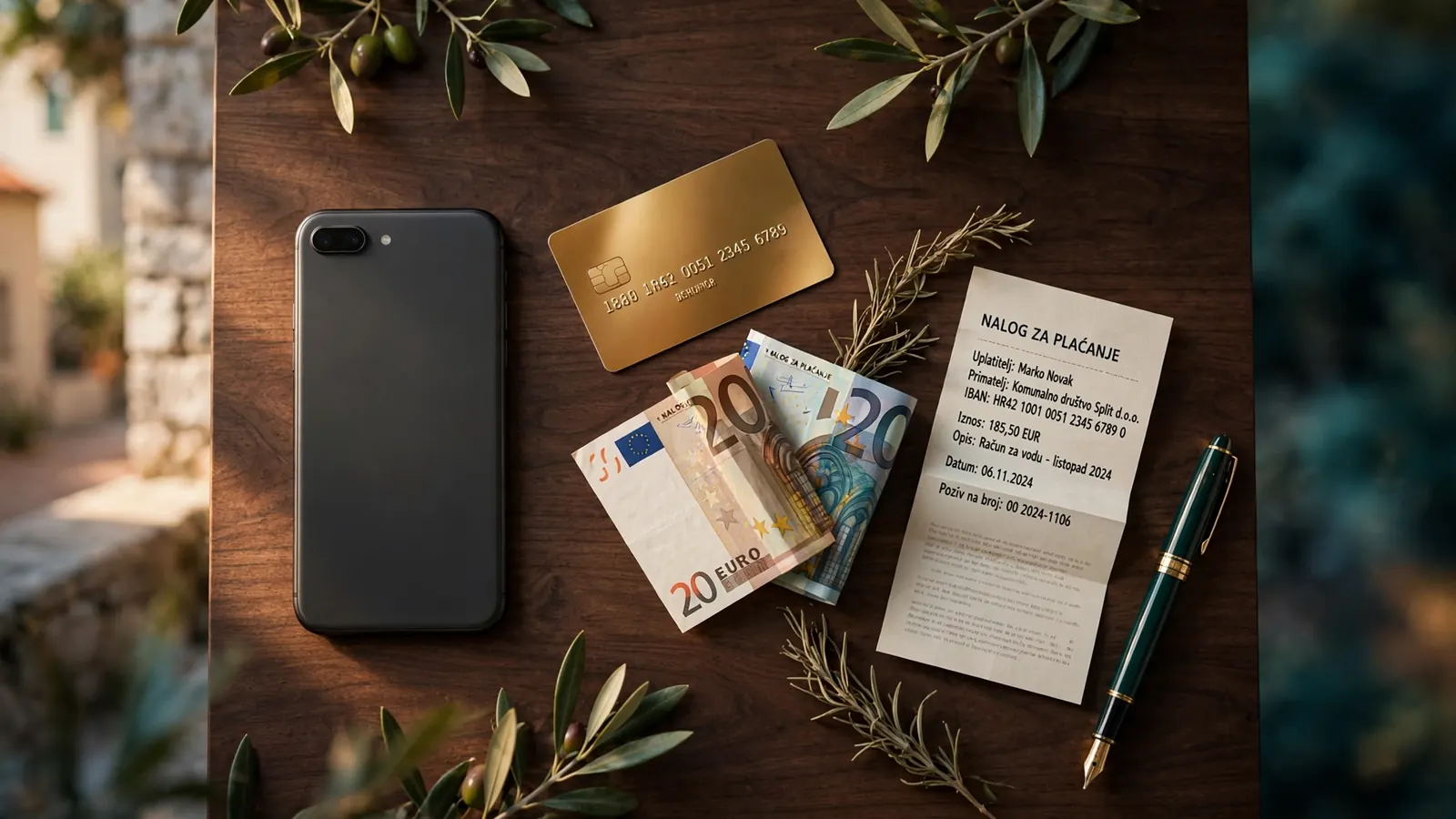 Stol s telefonom, bankovnom karticom i uplatnicom za bankovni transfer