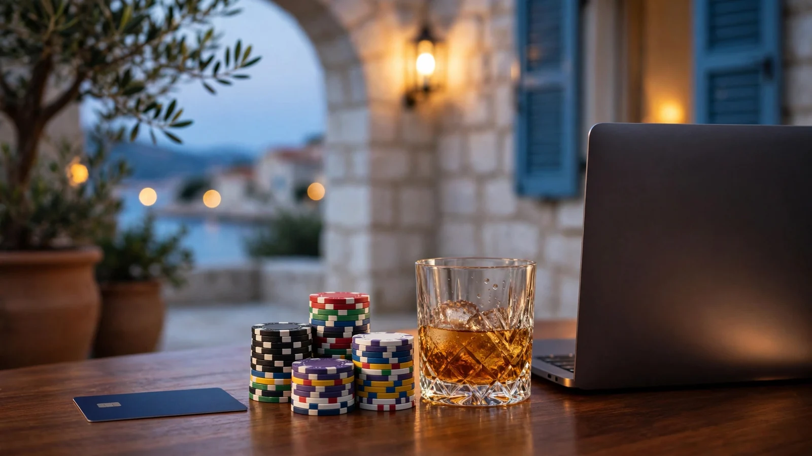 Revolut kartica, casino žetoni i laptop na stolu u mediteranskom interijeru