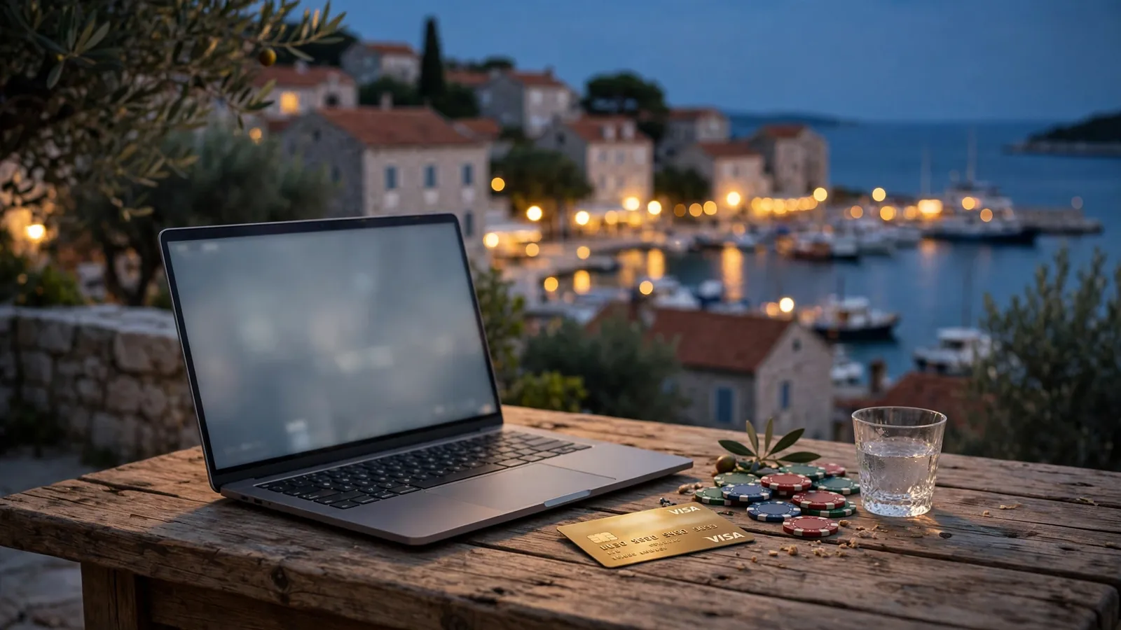 Visina karta i čipovi na stolu uz laptop na hrvatskoj obali