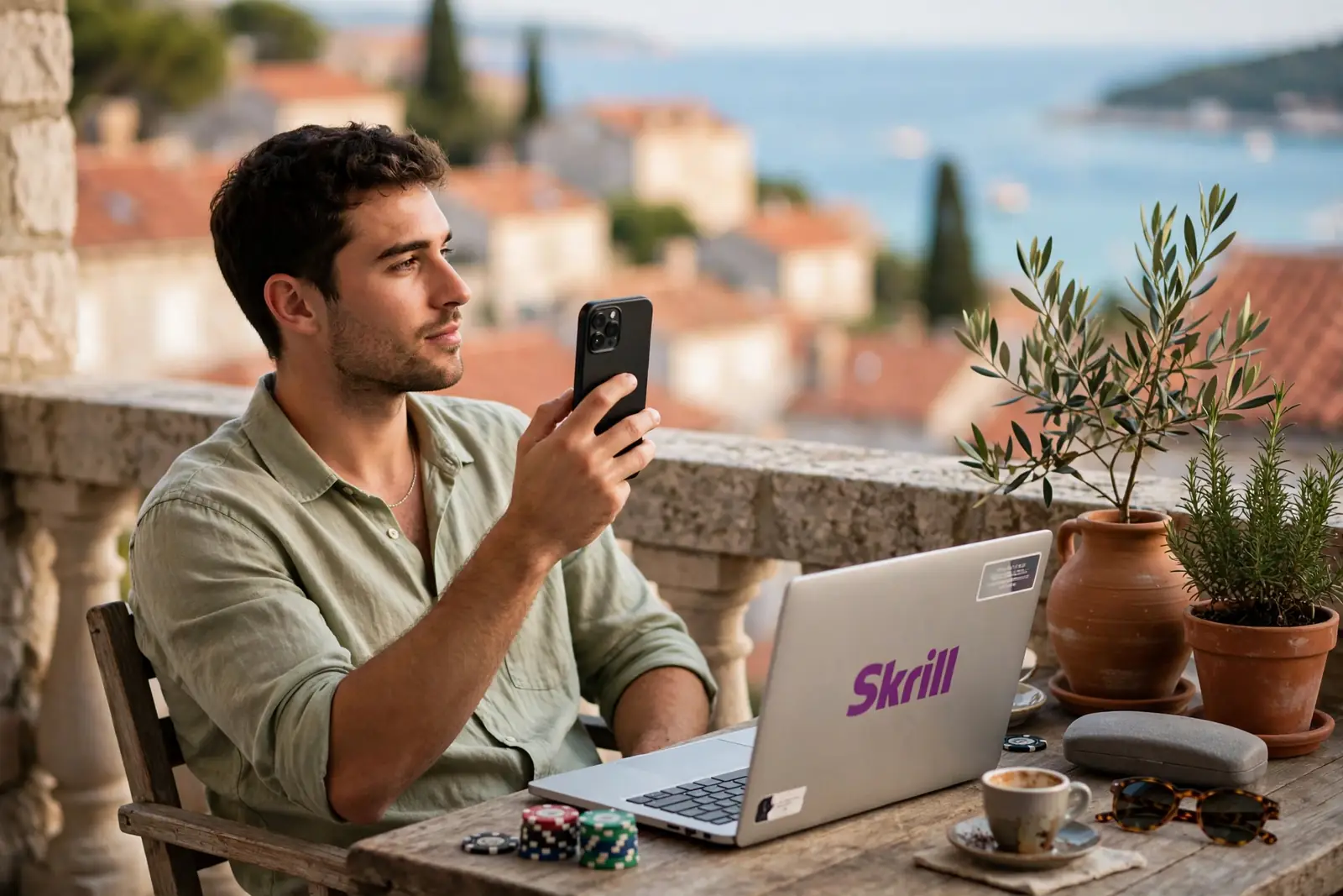 Hrvatski igrač na balkonu s telefonom, Skrill novčanik i žetoni za casino uz pogled na more.