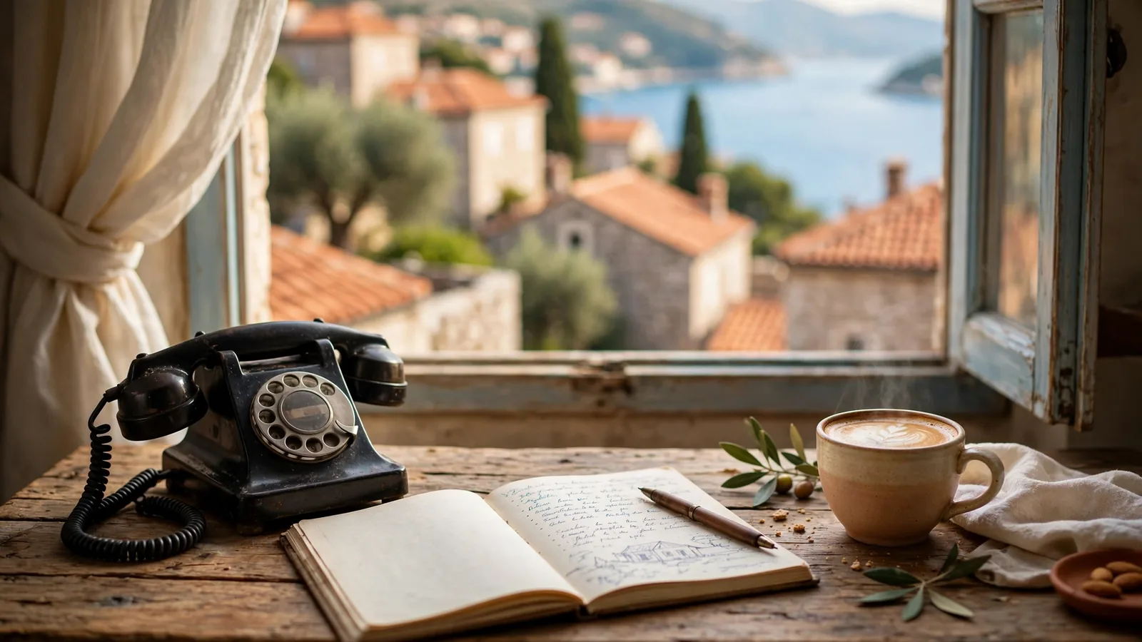 Radni stol s telefonom i bilježnicom uz pogled na more