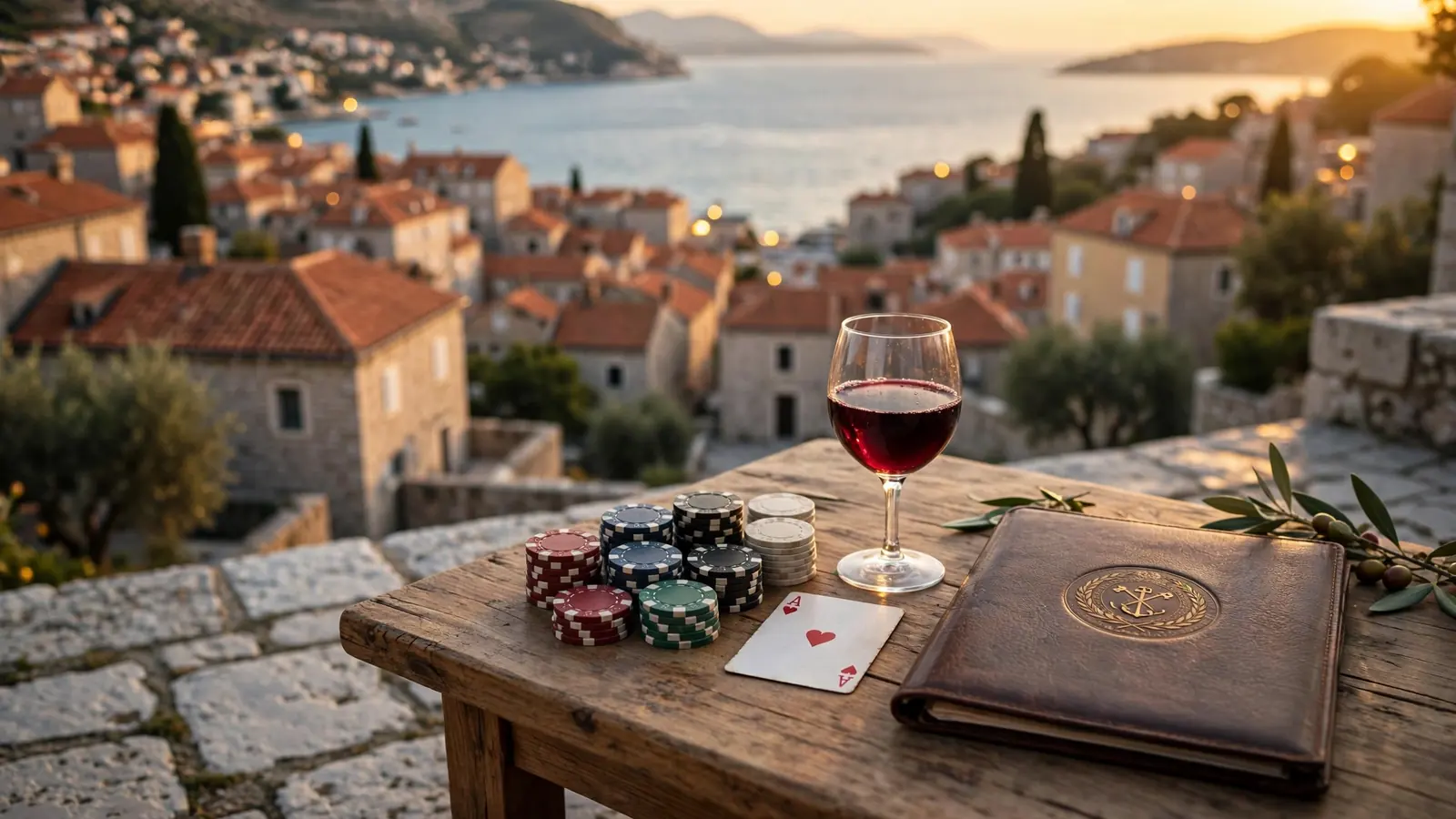Stol s igraćim žetonima i službenim dokumentom na terasi s pogledom na hrvatsku obalu
