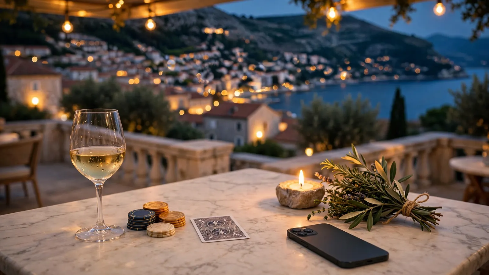 Luksuzna terasa u Dubrovniku navečer uz čašu vina, žetone i karticu na stolu