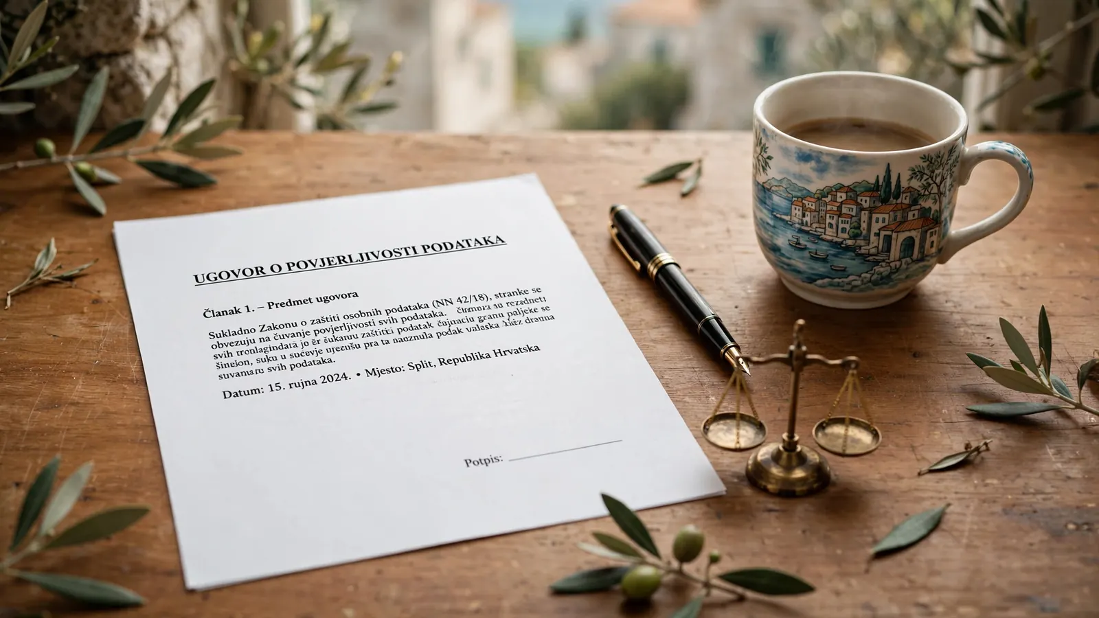 Pravni dokument i vaga pravde na drvenom stolu