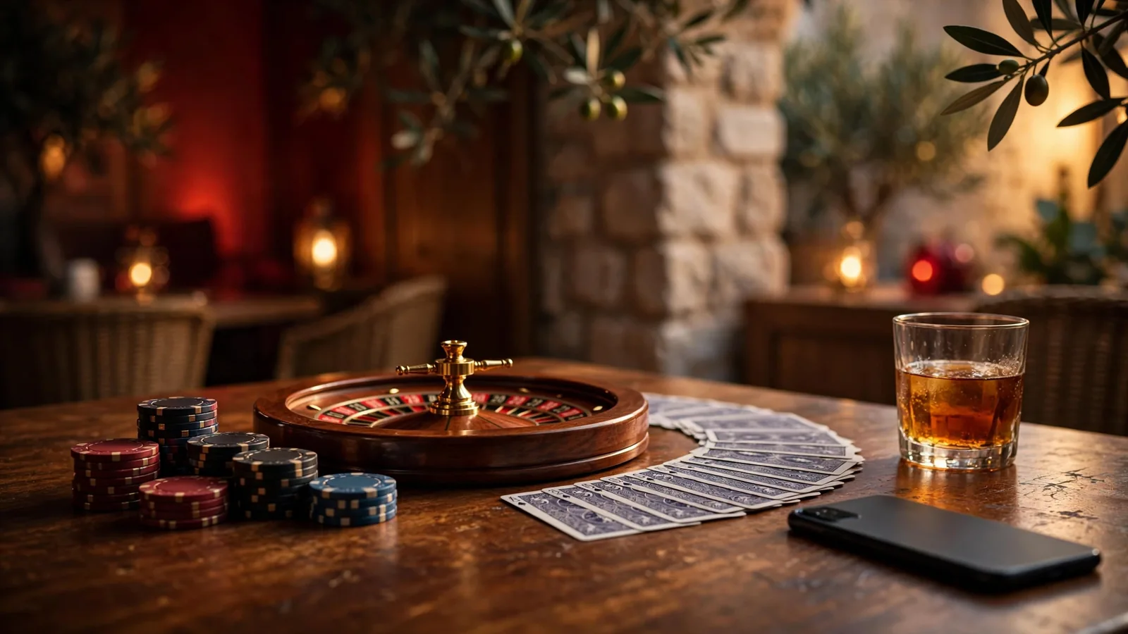 Elegantna atmosfera casino stola s žetonima, ruletom i kartama