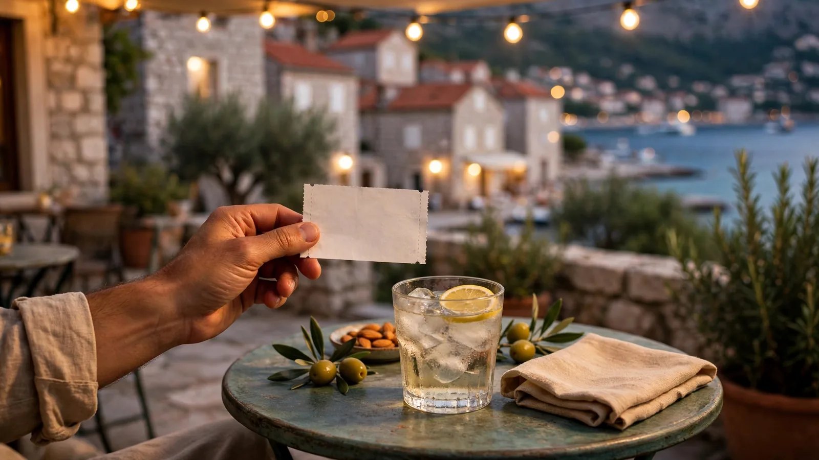 Hrvatska terasa uz more s papirnatim listićem za keno