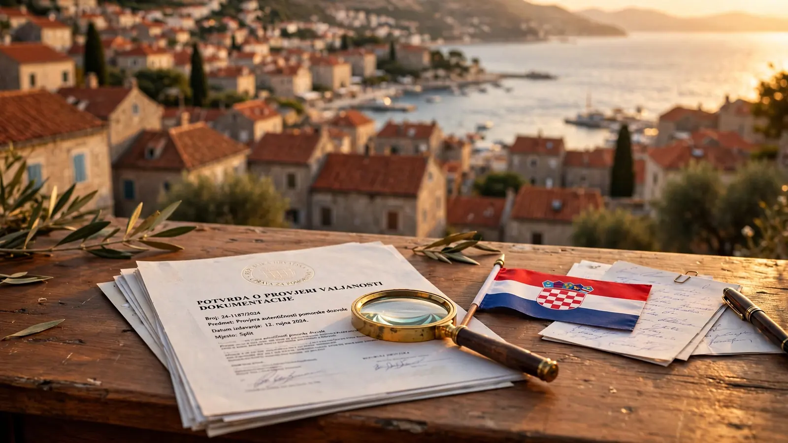 Hrvatski obalni krajolik s lupom i službenim dokumentima na pultu