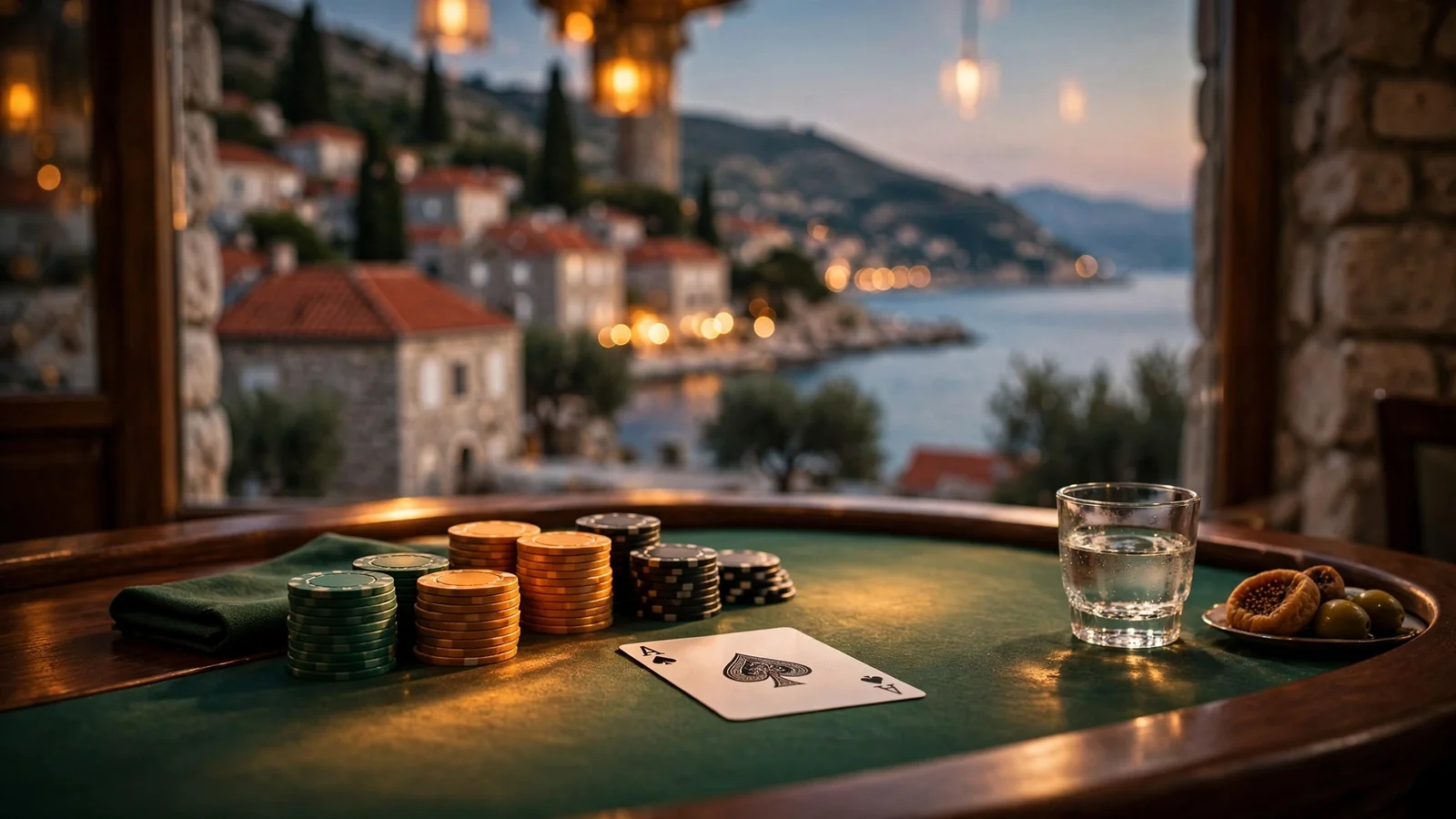 Stol za blackjack s ulošcima i kartom uz čašu rakije