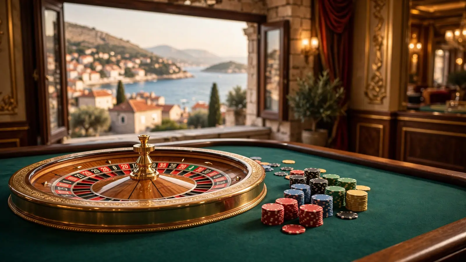 Elegantan kotač za rulet na zelenom stolu u hrvatskom casinu