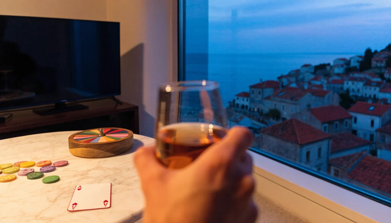 Hrvatski dnevni boravak s kasino žetonima i kartama na stolu uz pogled na more