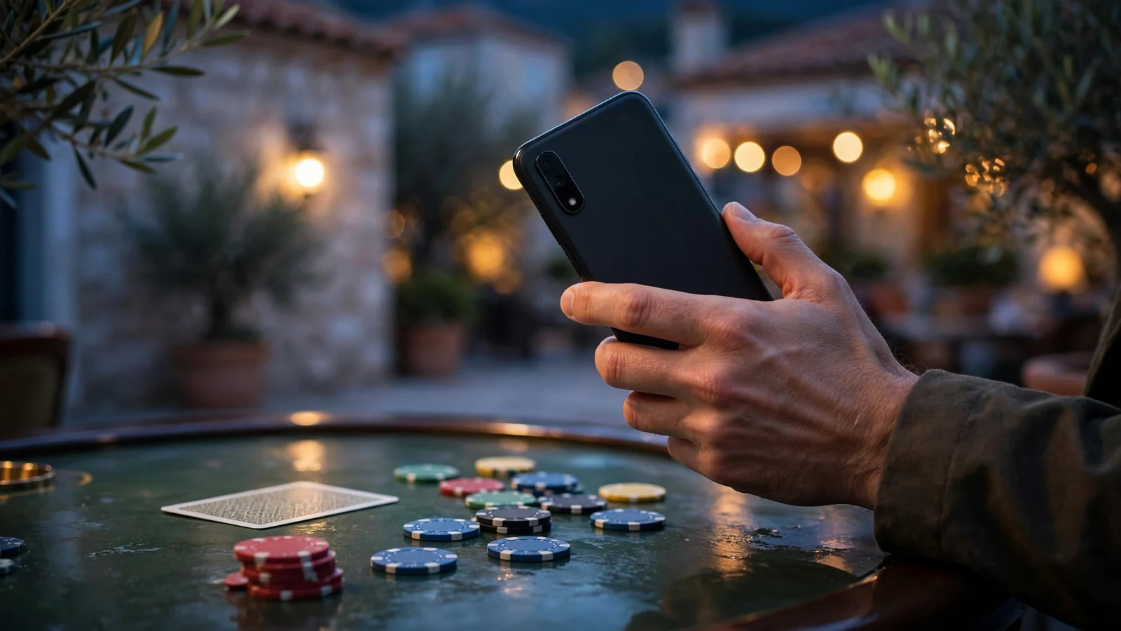 Ruka drži pametni telefon na stolu casina s žetonima u blizini
