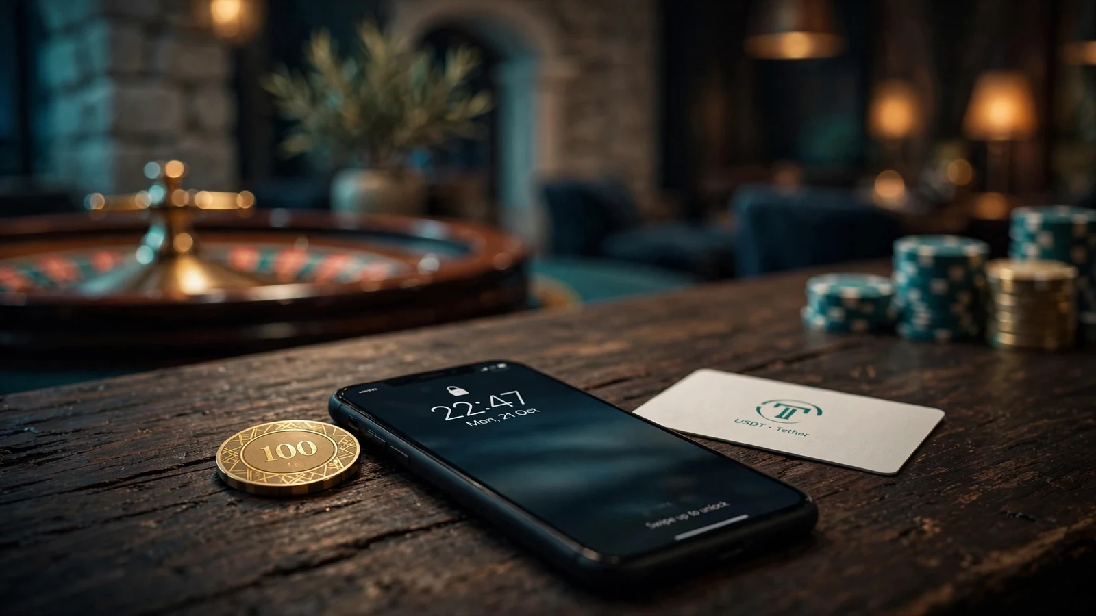 Zlatni casino žeton, telefon i USDT kartica na stolu noćnog casina