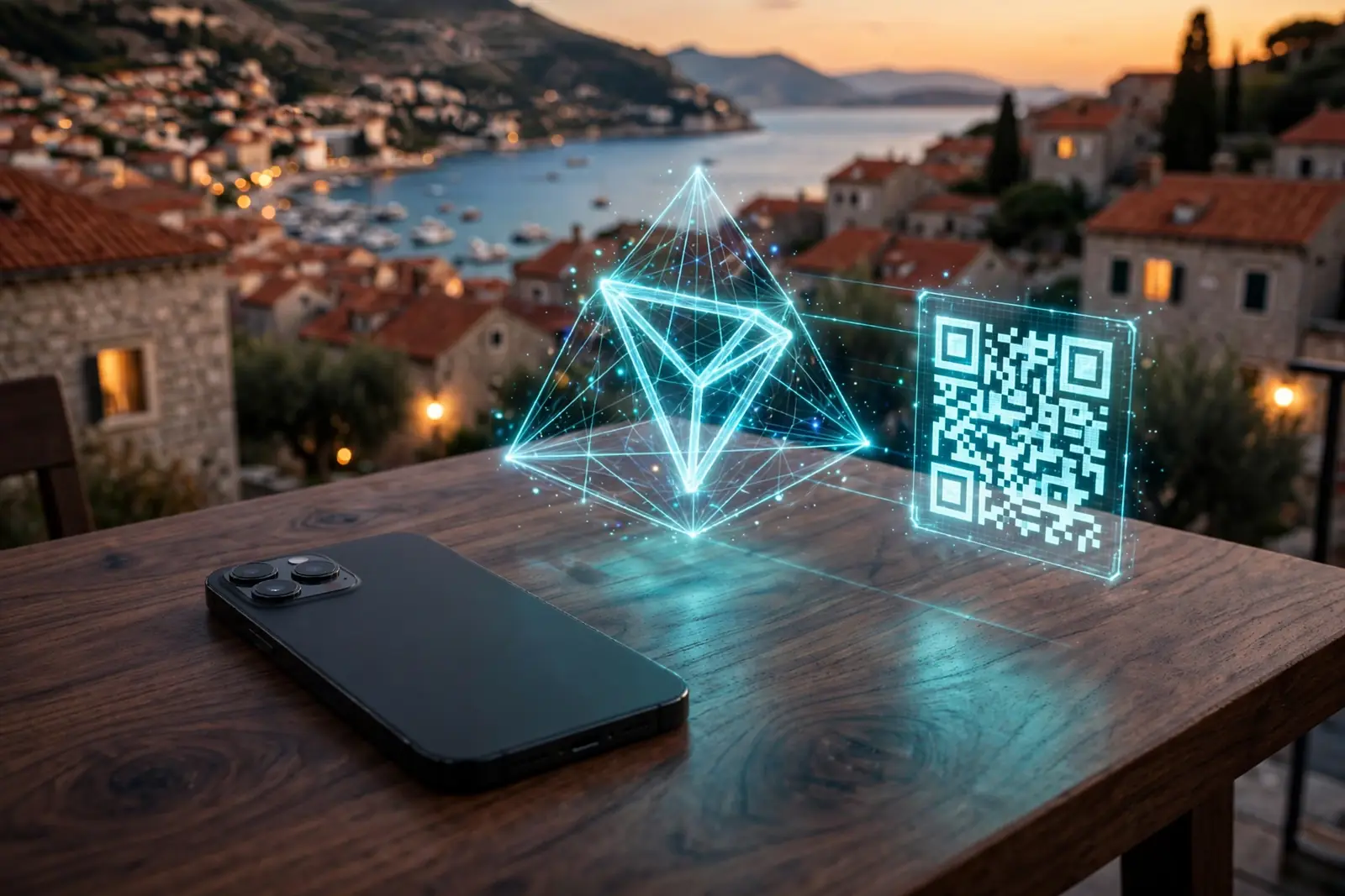 Pametni telefon s hologramom kriptovalute i QR kodom na stolu uz pogled na hrvatsku obalu