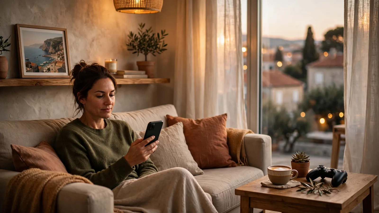 Osoba s pametnim telefonom u dnevnom boravku, online casino atmosfera